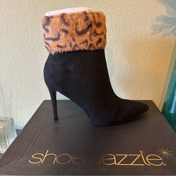 Shoe Dazzle Shoes Lilah Heeled Bootie‎ Black Caviar Leopard pointed toe stilleto - Picture 4 of 10